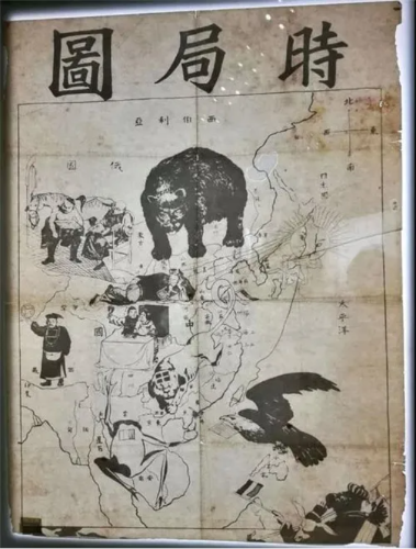 这幅时局图是爱国华侨谢缵泰1898年所画，形象地揭露了帝国主义列强瓜分中国的野心。