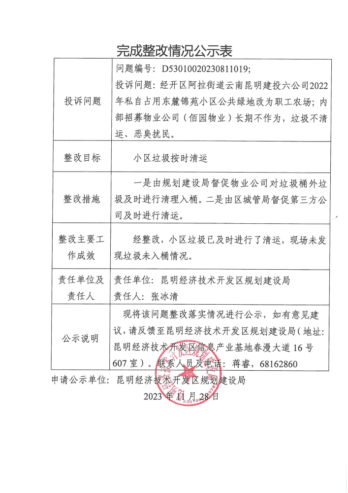 云南省第二轮生态环境保护督察交办D<span style='background-color:;'>53010020230811019</span>投诉问题完成整改情况公示表