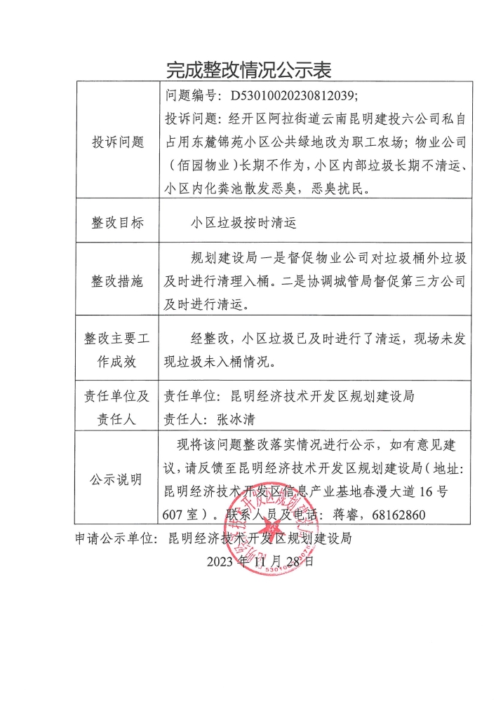 云南省第二轮生态环境保护督察交办D<span style='background-color:;'>53010020230812039</span>投诉问题完成整改情况公示表