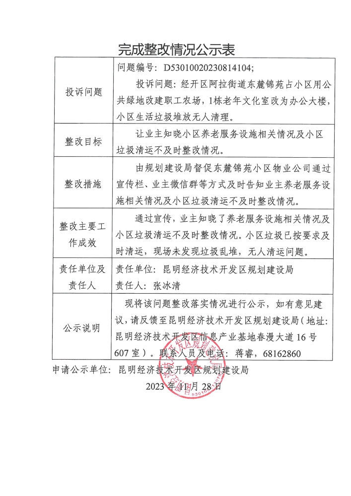 云南省第二轮生态环境保护督察交办D<span style='background-color:;'>53010020230814104</span>投诉问题完成整改情况公示表