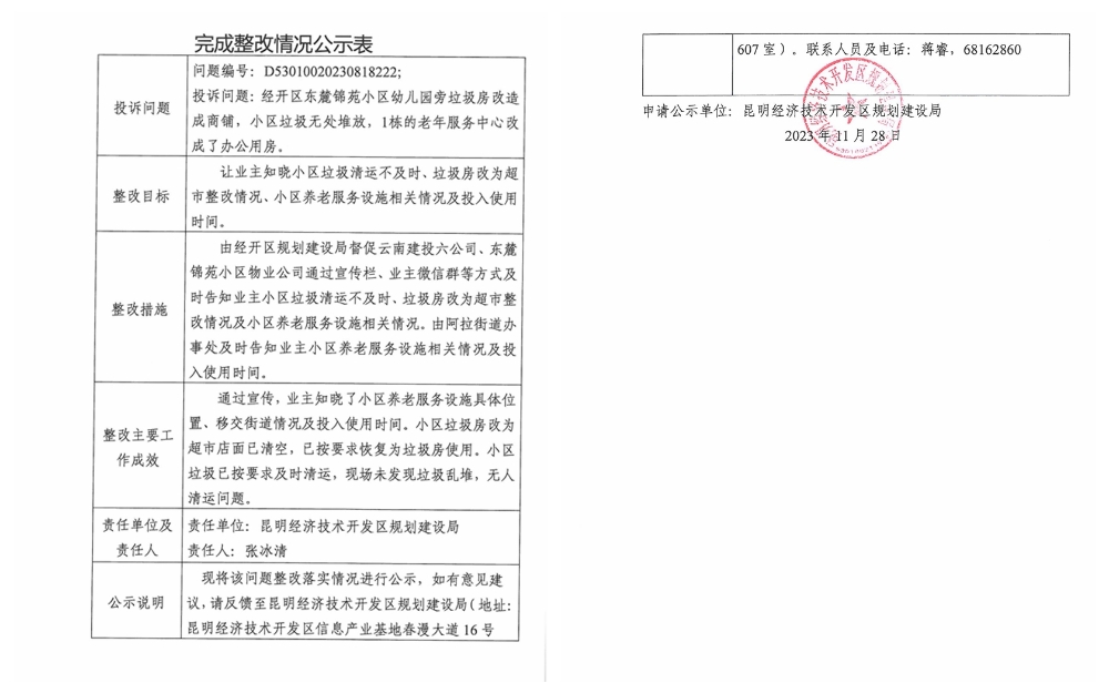 云南省第二轮生态环境保护督察交办D<span style='background-color:;'>53010020230818222</span>投诉问题完成整改情况公示表