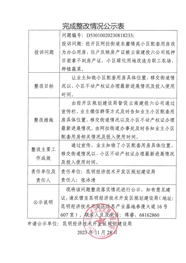 云南省第二轮生态环境保护督察交办D<span style='background-color:;'>53010020230818233</span>投诉问题完成整改情况公示表