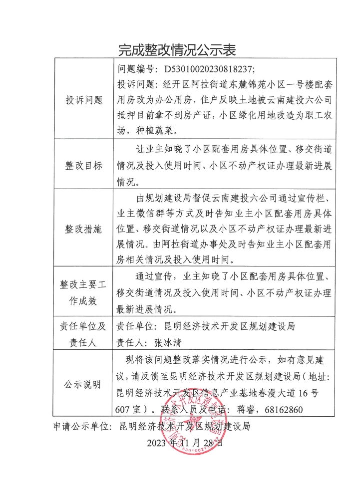 云南省第二轮生态环境保护督察交办D<span style='background-color:;'>53010020230818237</span>投诉问题完成整改情况公示表
