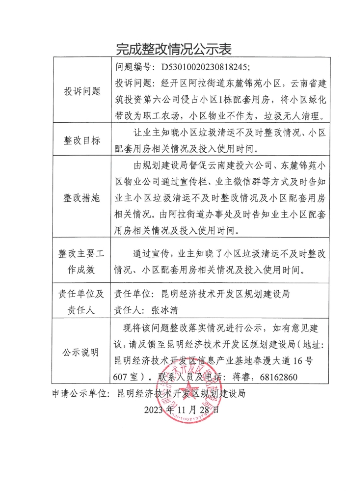 云南省第二轮生态环境保护督察交办D<span style='background-color:;'>53010020230818245</span>投诉问题完成整改情况公示表