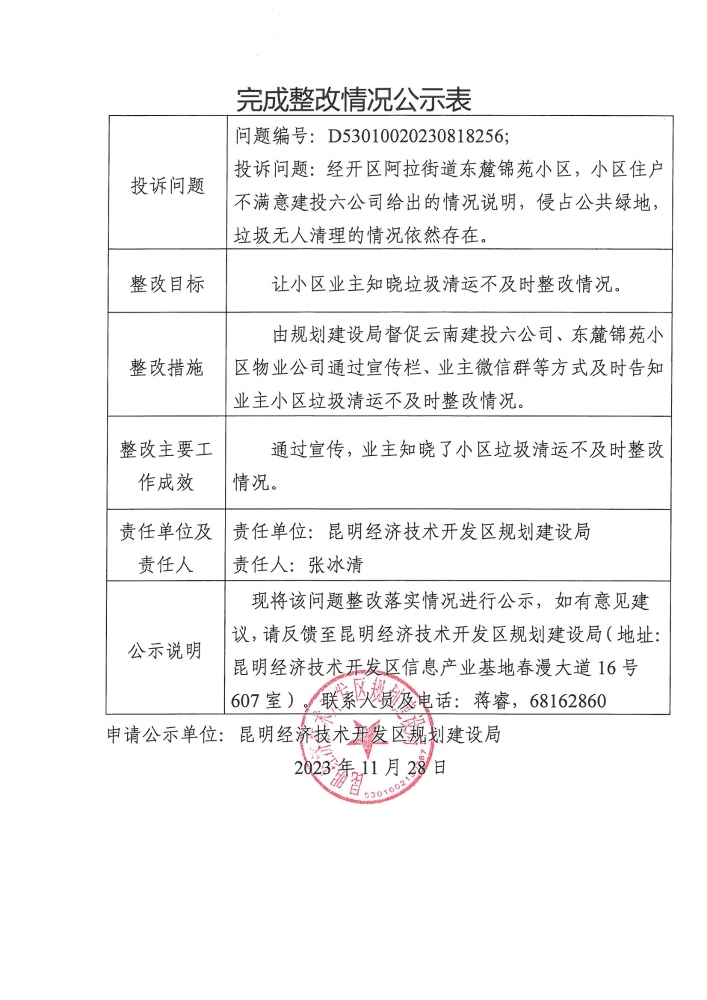 云南省第二轮生态环境保护督察交办D<span style='background-color:;'>53010020230818256</span>投诉问题完成整改情况公示表