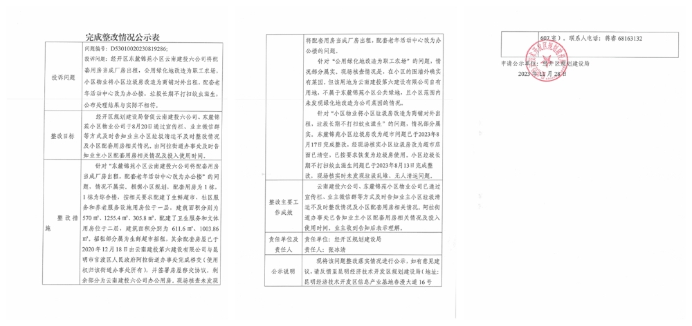 云南省第二轮生态环境保护督察交办D<span style='background-color:;'>53010020230819286</span>投诉问题完成整改情况公示表