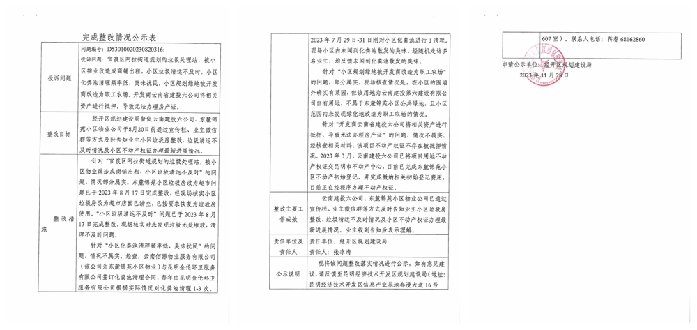 云南省第二轮生态环境保护督察交办D<span style='background-color:;'>53010020230820316</span>投诉问题完成整改情况公示表