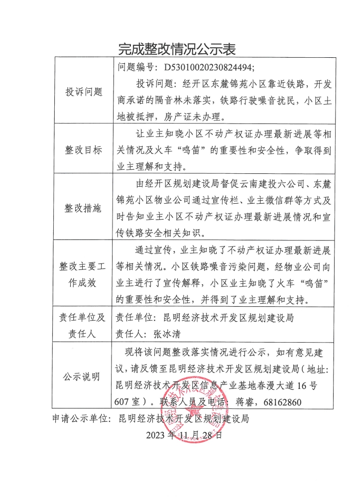 云南省第二轮生态环境保护督察交办D<span style='background-color:;'>53010020230824494</span>投诉问题完成整改情况公示表