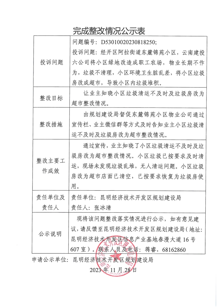 云南省第二轮生态环境保护督察交办D53010020230818250投诉问题完成整改情况公示表