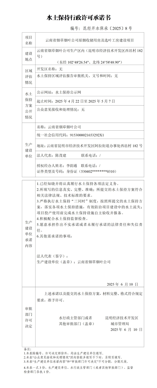 水土保持行政许可承诺书(云南省烟草烟叶公司原烟收储用房及选叶工房建设项目)_01